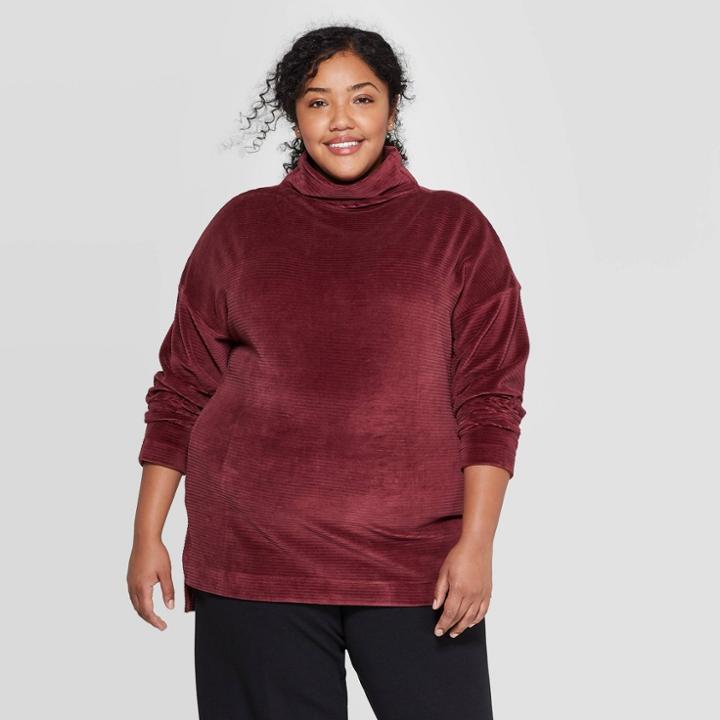 Women's Plus Size Long Sleeve Turtleneck Velour Rib Tunic Sweatshirt - A New Day Burgundy 3x,