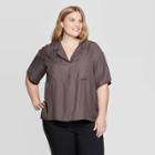 Women's Plus Size Short Sleeve V-neck Tuck Front Camp Shirt - Prologue Gray