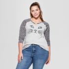 Women's Plus Size 3/4 Sleeve Cat Graphic Raglan T-shirt - Grayson Threads (juniors') Heather Gray