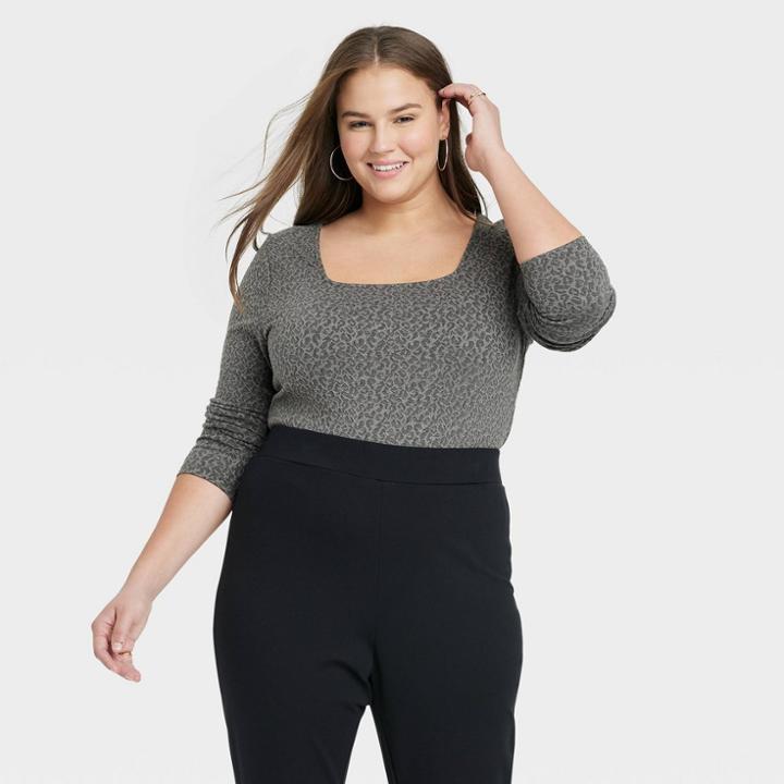 Women's Plus Size Slim Fit Bodysuit - A New Day Gray Leopard Print