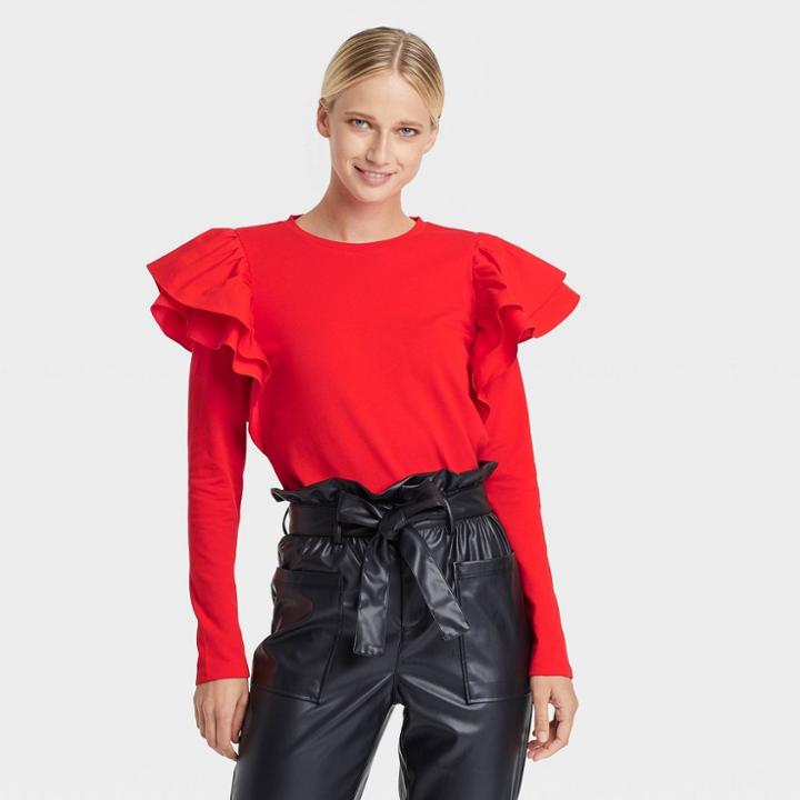 Women's Ruffle Long Sleeve Knit Top - Who What Wear Red