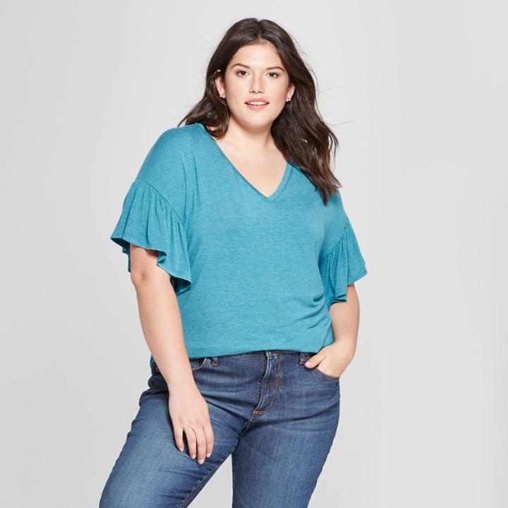 Women's Plus Size V-neck Ruffle Short Sleeve T-shirt - Ava & Viv Turquoise Heather