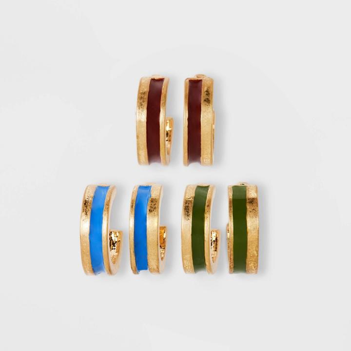 Enamel Inlay Hoop Earring Set 3pc - Universal Thread Maroon/blue/green