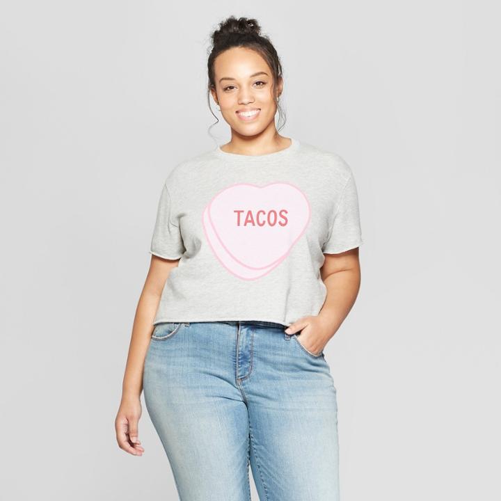 Women's Plus Size Short Sleeve Tacos Heart Graphic T-shirt - Grayson Threads (juniors') Gray