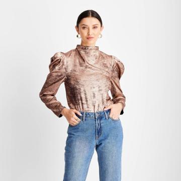 Women's Puff Shoulder Long Sleeve Mock Neck Blouse - Future Collective With Kahlana Barfield Brown Copper Xxs