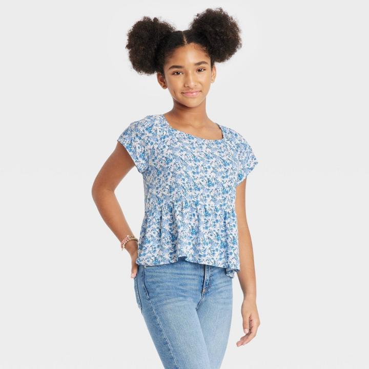 Girls' Peplum Woven Top - Art Class Light Blue Floral