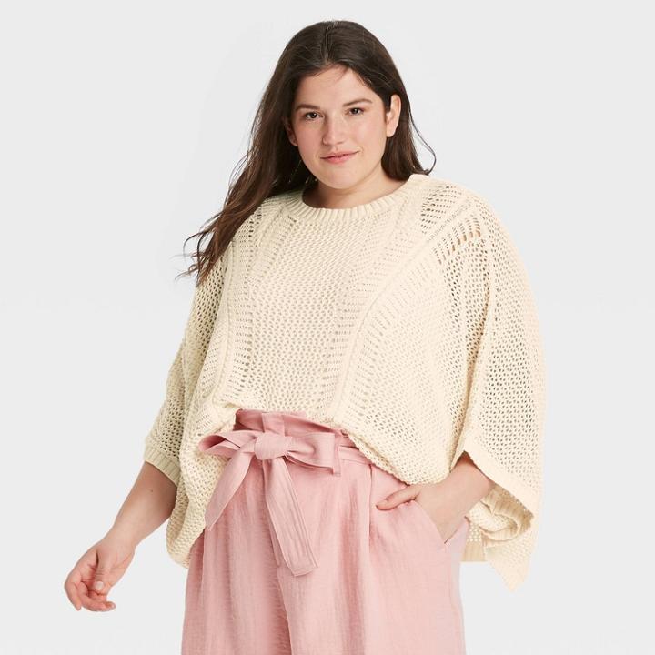 Women's Plus Size Knit Poncho - A New Day Cream One Size, Ivory