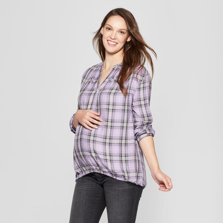 Maternity Long Sleeve Split Neck Shirred Top - Isabel Maternity By Ingrid & Isabel Lavender Plaid