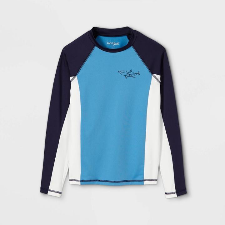 Boys' Raglan Colorblock Shark Long Sleeve Rash Guard Swim Shirt - Cat & Jack Blue