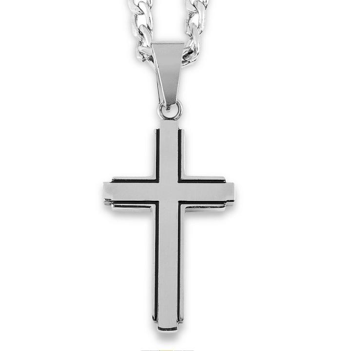 Men's West Coast Jewelry Stainless Steel Black Inlay Cut-out Cross Pendant,