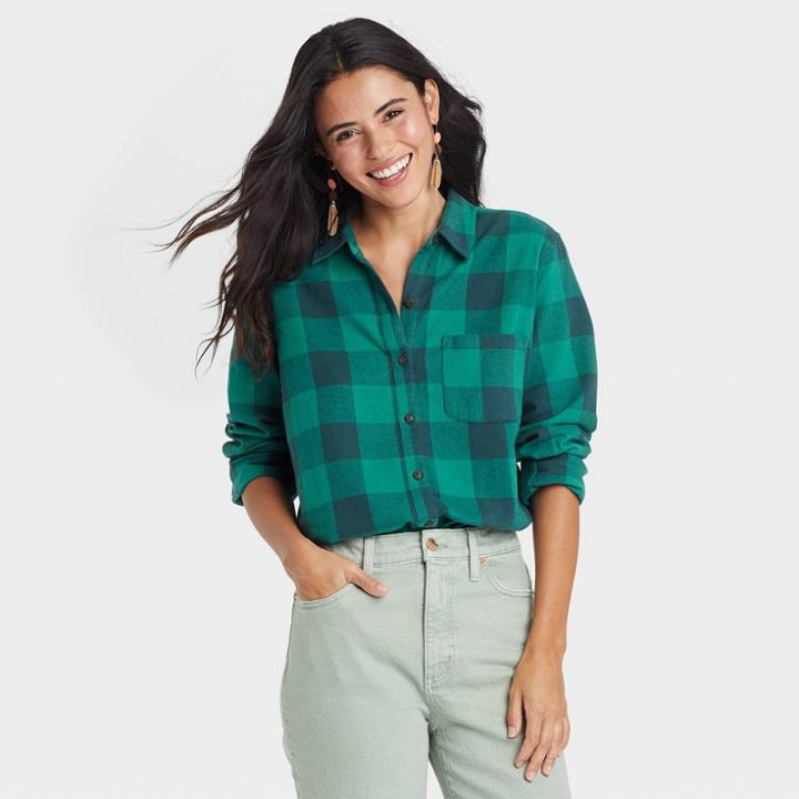Women's Long Sleeve Flannel Button-down Shirt - Universal Thread Green Plaid
