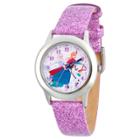 Girls' Disney Frozen Anna, Elsa And Olaf Stainless Steel Time Teacher Glitz Watch - Purple