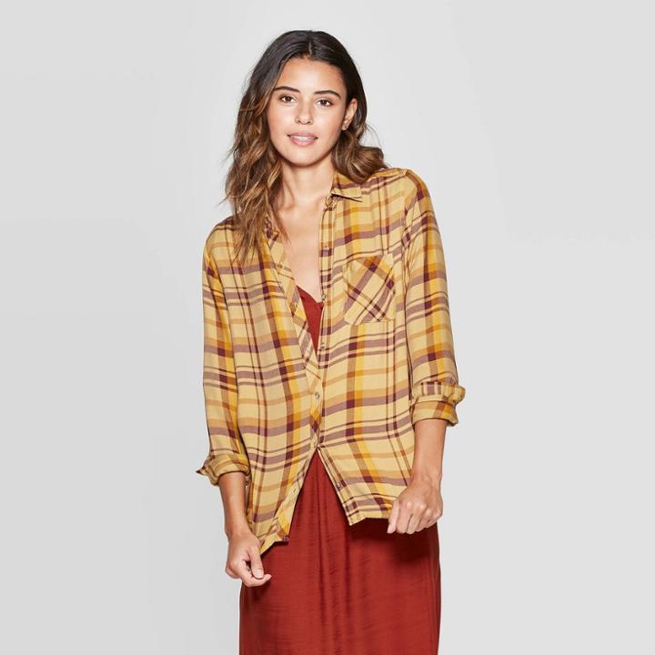 Women's Plaid Long Sleeve Crewneck Button-down Shirt - Universal Thread Yellow