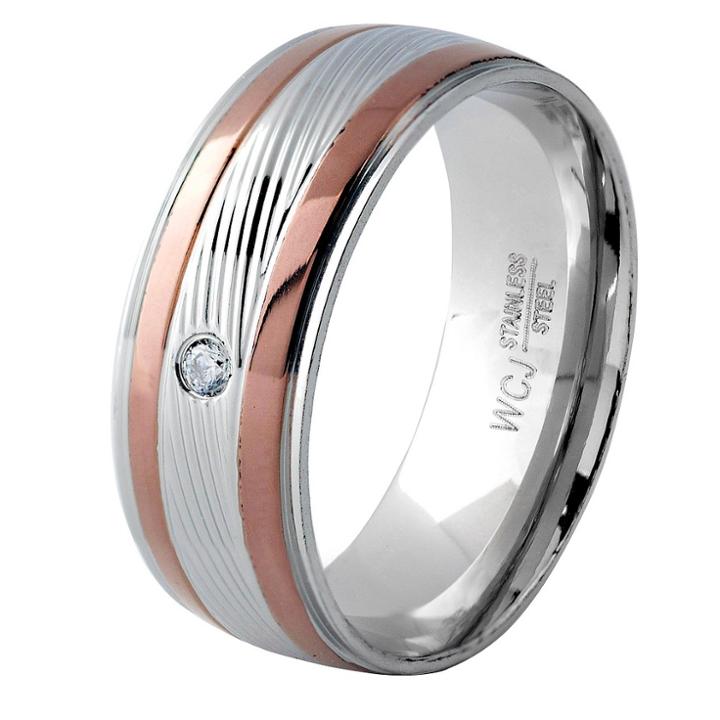 Men's West Coast Jewelry Browntone And Silverplated Stainless Steel Cubic Zirconia Grooved Ring (10),