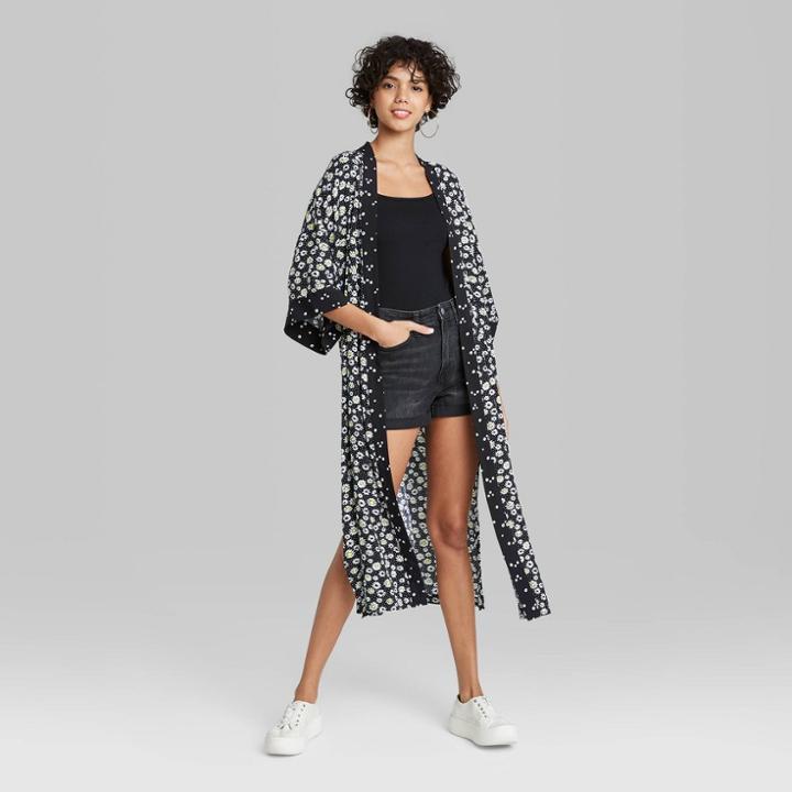 Women's Daisy Print Kimono - Wild Fable Black