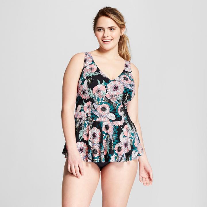 Plus Size Sea Angel Women's Plus Floral Peplum Tankini - Black