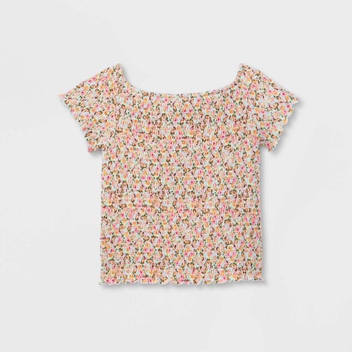 Girls' Smocked Short Sleeve T-shirt - Art Class Aqua Floral Xs, Blue Floral