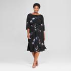 Women's Plus Size Floral Print Midi Wrap Dress - Ava & Viv Black