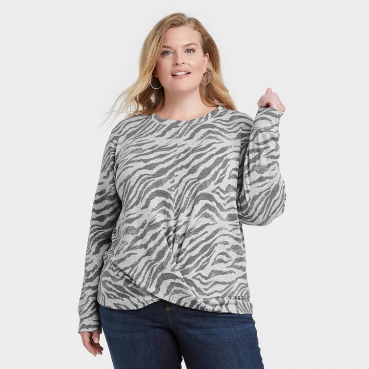 Women's Plus Size Twist-front Sweatshirt - Knox Rose Heather Gray Zebra