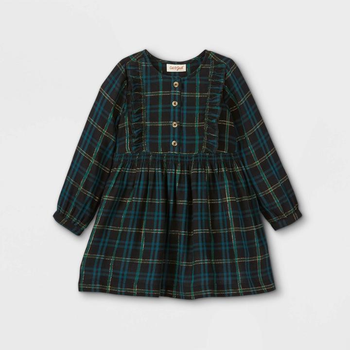 Toddler Girls' Sparkle Plaid Button-front Long Sleeve Dress - Cat & Jack Green