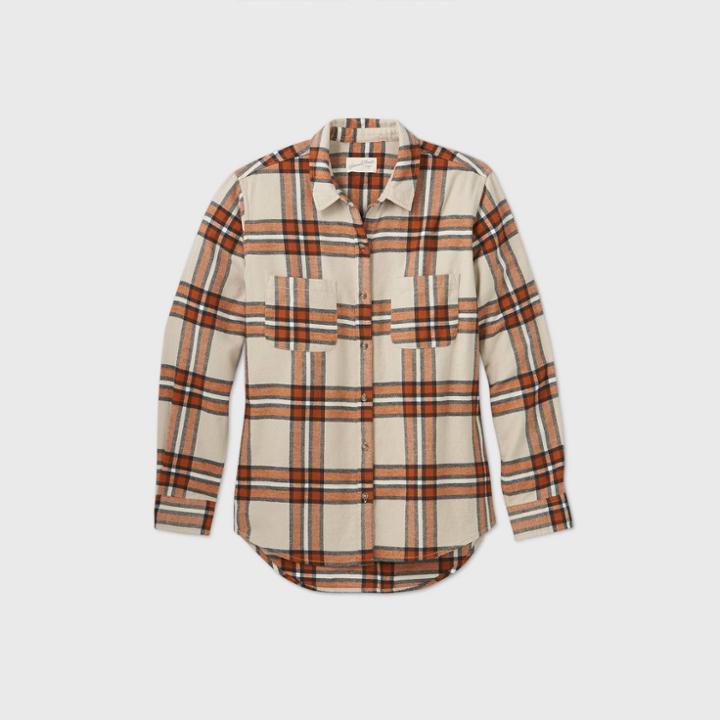 Women's Plaid Long Sleeve Button-down Flannel Shirt - Universal Thread Cream