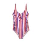 Maternity Striped Lace-up Front-tie One Piece Swimsuit - Isabel Maternity By Ingrid & Isabel S, Pink/purple/white