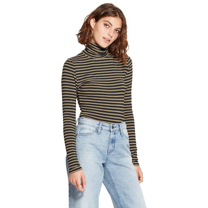 Women's Striped Long Sleeve Turtleneck Top - 3hearts (juniors') Black/mustard Xl, Black Yellow