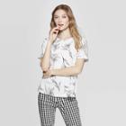 Women's Floral Print Short Sleeve Crewneck Woven Top - A New Day White/black