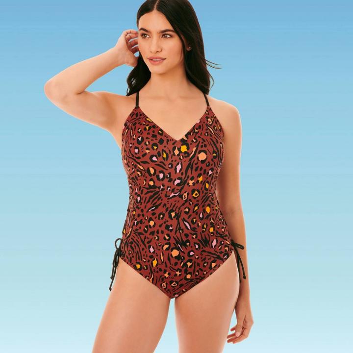 Women's Slimming Control Side-tie Lace-up One Piece Swimsuit - Beach Betty By Miracle Brands Brown Animal Print S, Women's, Size: Small,