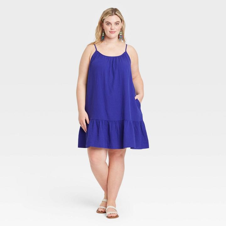 Women's Plus Size Sleeveless Tiered Gauze Dress - Universal Thread Blue
