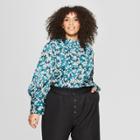 Women's Plus Size Floral Print Long Sleeve Relaxed Silky Blouse - Who What Wear Teal/white X, Blue/white Floral