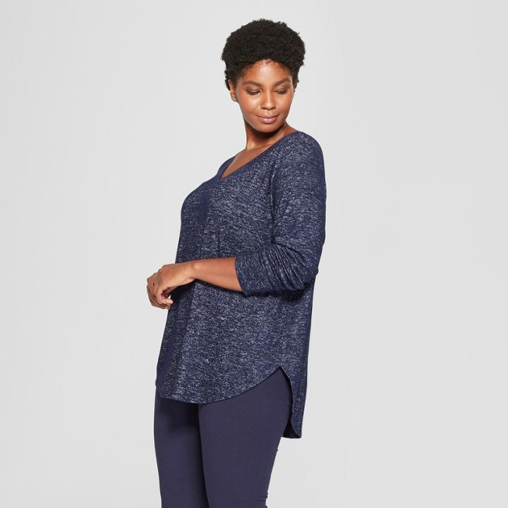 Women's Plus Size Cozy Long Sleeve V-neck Pullover - Ava & Viv Heather Navy