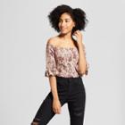 Women's 3/4 Sleeve Floral Printed Smocked Off The Shoulder Cropped Top - Xhilaration Taupe (brown)