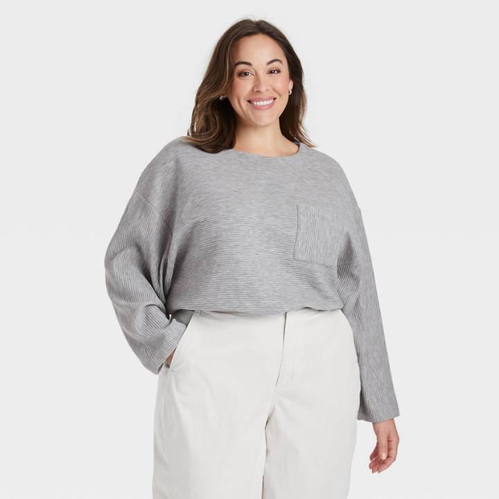 Women's Plus Size Long Sleeve Ottoman T-shirt - A New Day Gray