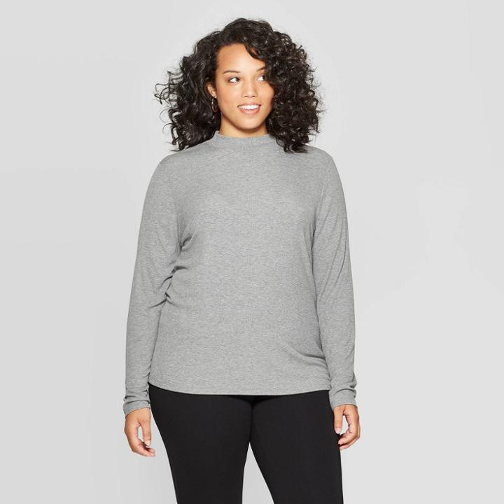 Women's Plus Size Long Sleeve Ribbed Turtlemock Neck T-shirt - Ava & Viv Medium Heather Gray X, Medium Grey Gray
