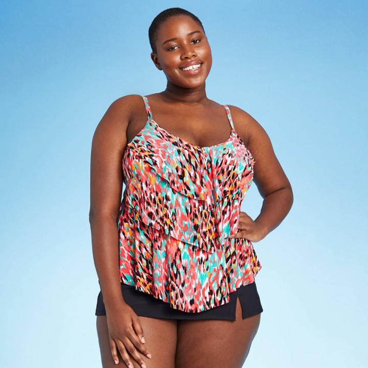 Women's Plus Size Tiered Tankini Top - Aqua Green Warm