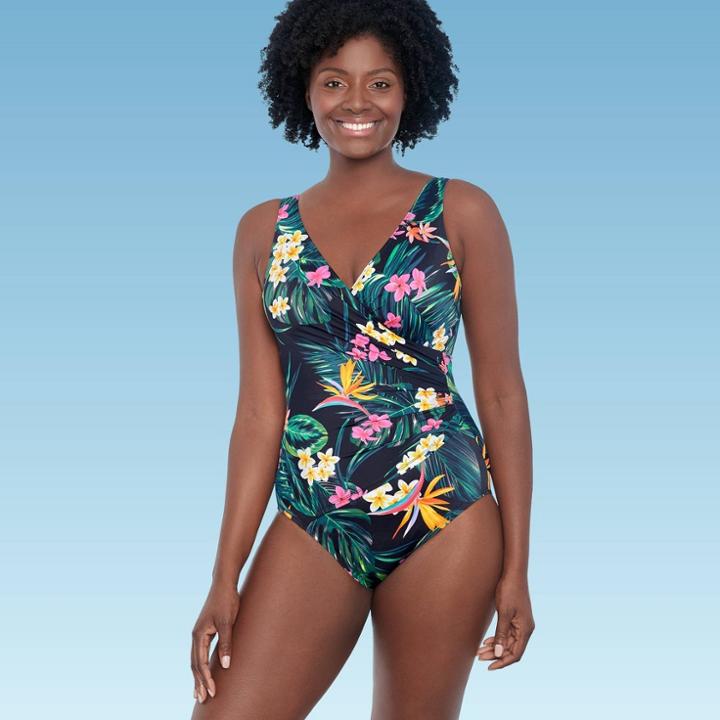 Women's Slimming Control Wrap-front One Piece Swimsuit - Dreamsuit By Miracle Brands Black