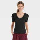 Women's Puff Short Sleeve V-neck Top - A New Day Black