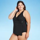 Women's Plus Size Wrap Front Ring One Piece Swimsuit - Aqua Green Black