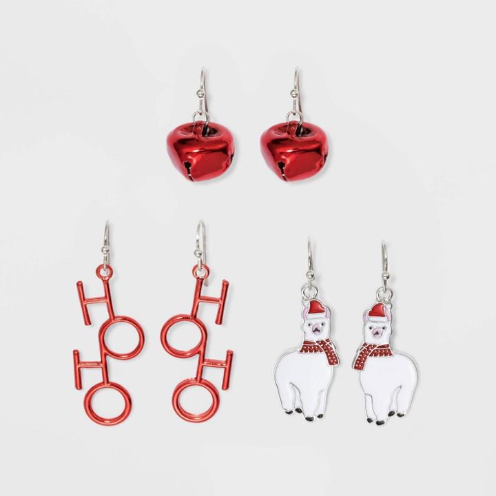 No Brand Bell And Llama With Ho Ho Verbiage Novelty Earring Set - Red, Women's,