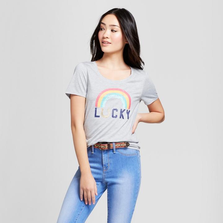 Women's St. Patrick's Day Rainbow Lucky Scoop Neck Short Sleeve Graphic T-shirt - Grayson Threads (juniors') - Gray