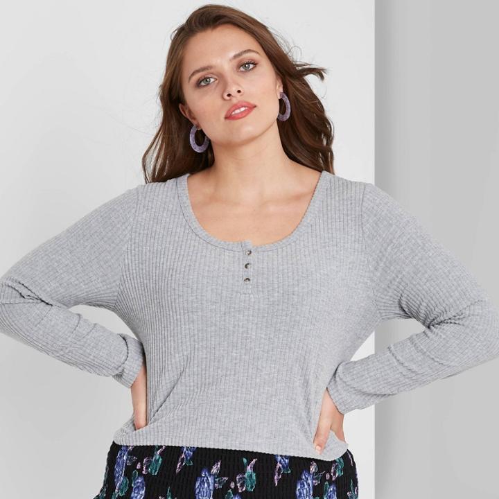 Women's Plus Size Long Sleeve Cozy Henley T-shirt - Wild Fable Gray