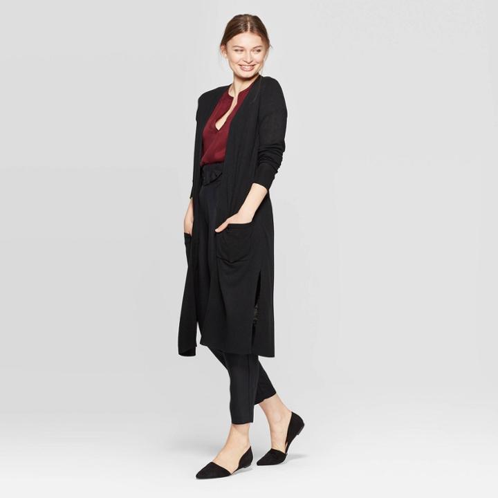 Women's Ribbed Cuff Long Sleeve Dust Cardigan - A New Day Black