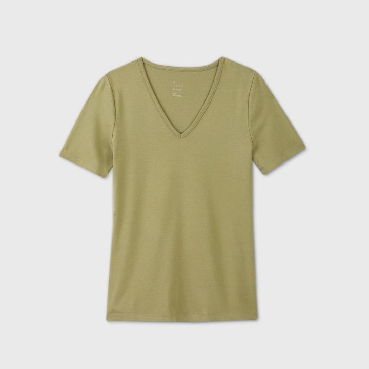Women's Short Sleeve V-neck Fitted T-shirt - A New Day Light Olive Xs,