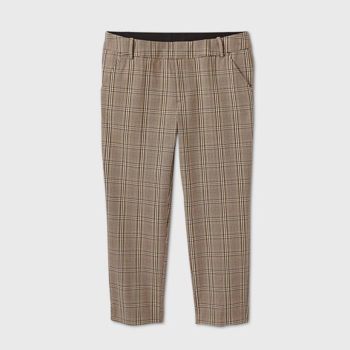 Women's Plus Size Mid-rise Plaid Ankle Length Pants - Ava & Viv Brown