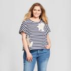 Women's Plus Size Striped Crochet Applique T-shirt - Xhilaration Navy/white X, Blue