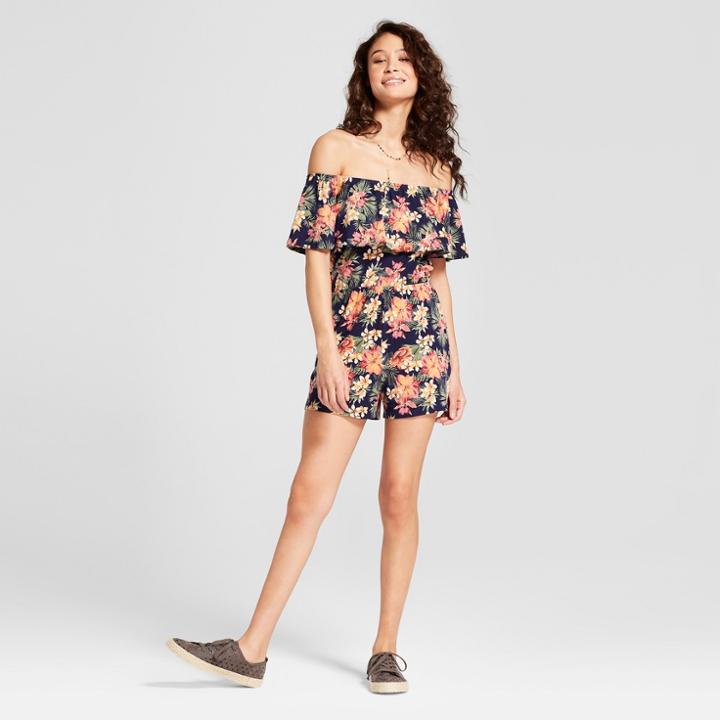 Women's Floral Print Off The Shoulder Ruffle Romper - Almost Famous (juniors') Navy