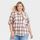 Women's Plus Size Long Sleeve Flannel Button-down Shirt - Universal Thread Brown Plaid