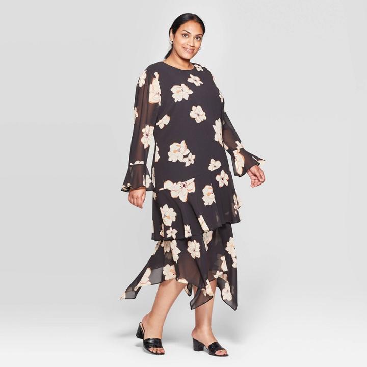 Women's Plus Size Floral Print Long Sleeve Boat Neck Tiered Ruffle Hem A Line Midi Dress - Who What Wear Black 1x, Women's,