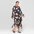 Women's Plus Size Floral Print Long Sleeve Boat Neck Tiered Ruffle Hem A Line Midi Dress - Who What Wear Black 1x, Women's,